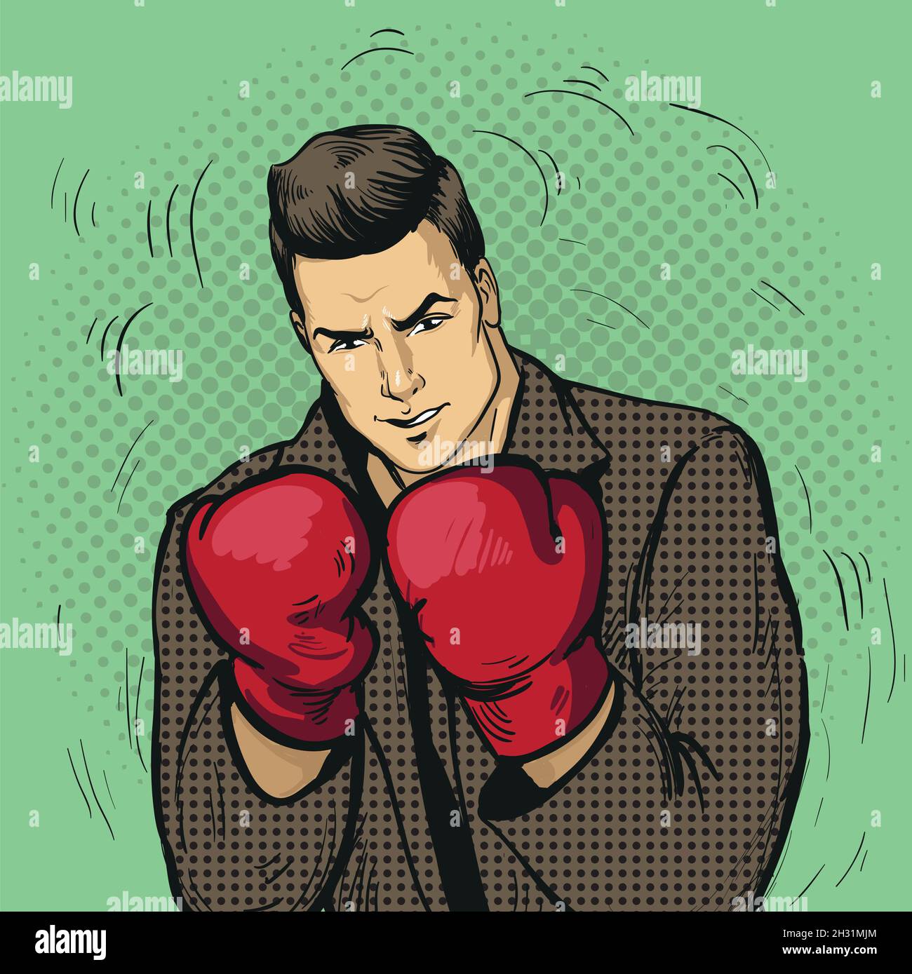 Mann in Boxhandschuhen Vektor-Illustration im Comic-Pop-Art-Stil. Geschäftsmann bereit, sein Geschäftskonzept zu bekämpfen und zu schützen Stock Vektor
