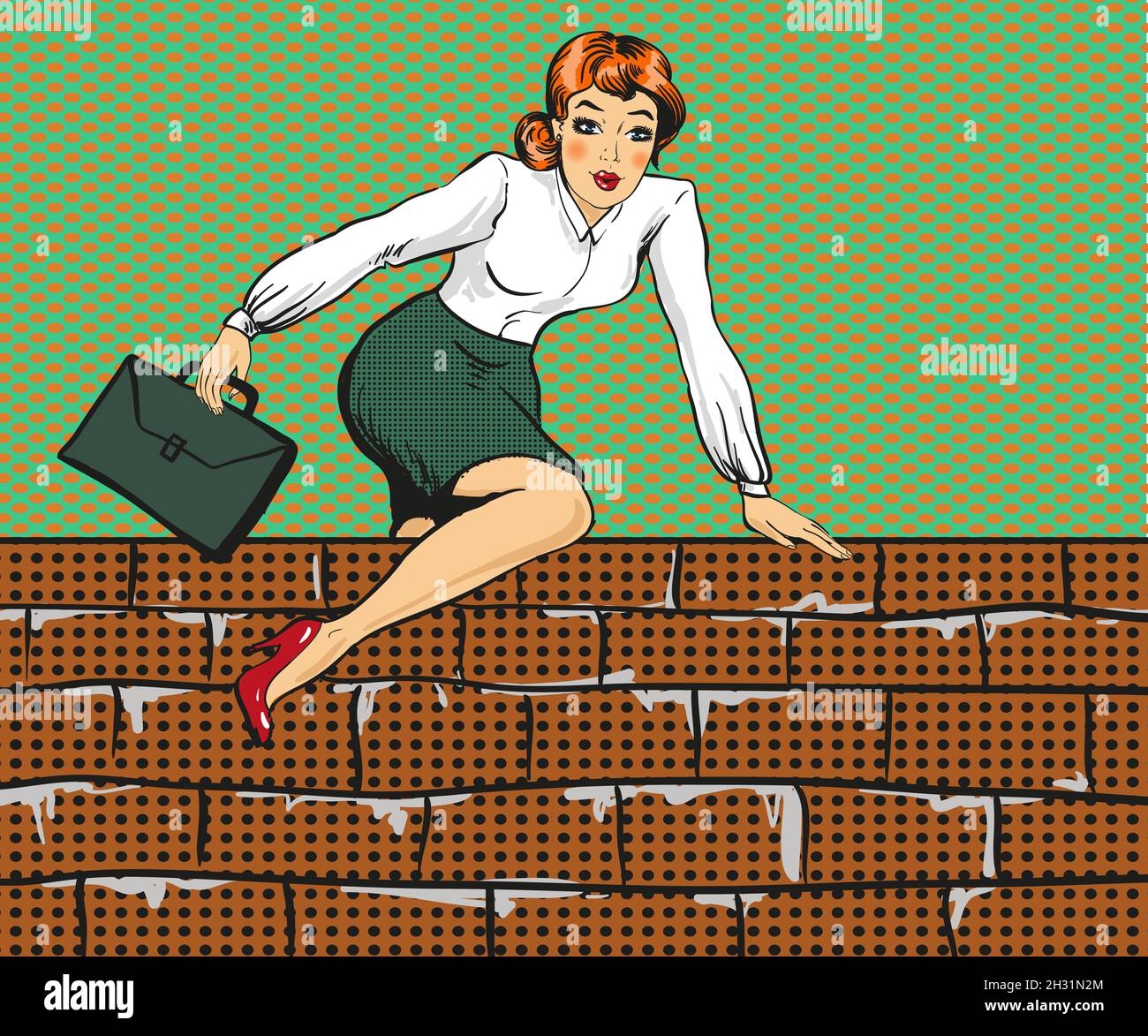 Vektor-Illustration von Frau klettern über Zaun, Pop-Art-Stil Stock Vektor