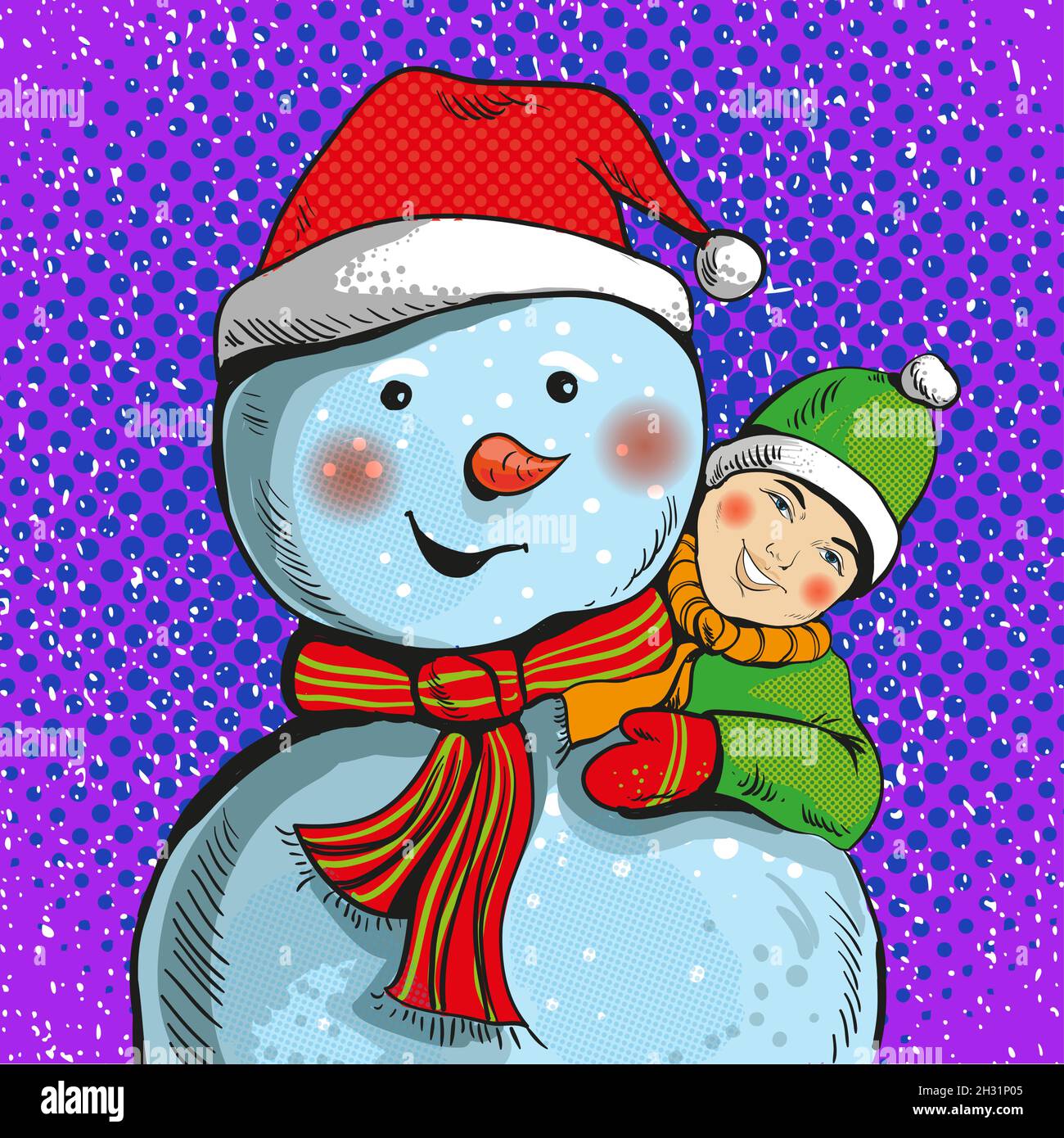 Vektor-Illustration von Schneemann und Junge im Pop-Art-Stil Stock Vektor