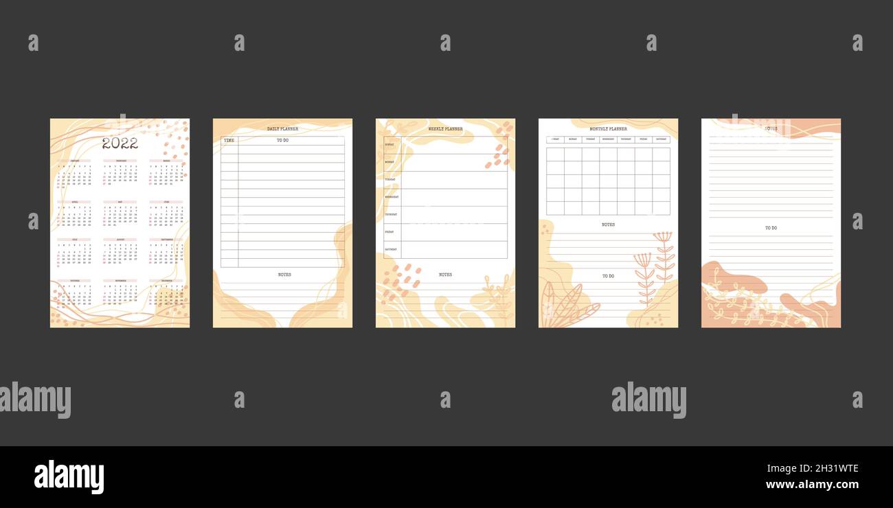 2022 Kalender- und tägliche wöchentliche Monatsplaner-Kollektion mit trendigen handgezeichneten organischen Formen und floralen botanischen Elementen in pastellneutralem Palett Stock Vektor