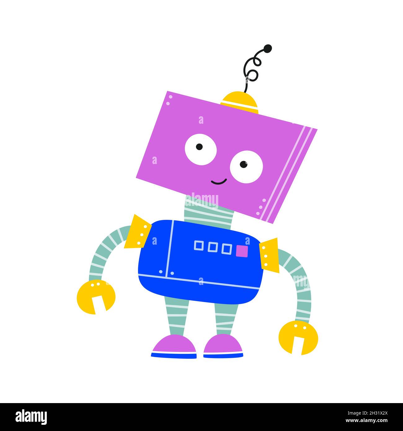Glücklich lustige Cartoon kindische Roboter Charakter. Bunte Kinder Roboter  mit nachdenklichen Gesicht. Flache Vektorgrafik isoliert auf weißem  Hintergrund Stock-Vektorgrafik - Alamy
