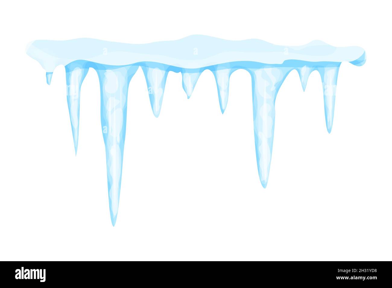 Eiszapfen mit Schnee-Winterdekoration, gefrorenes Wasser in Cartoon-Stil isoliert auf weißem Hintergrund. Eiskristalle, hängendes Element. Strukturiert, glänzend. Vektorgrafik Stock Vektor