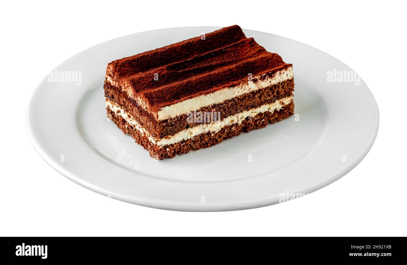 Gourmet italienisches Dessert Tiramisu auf weißem Hintergrund Stockfoto