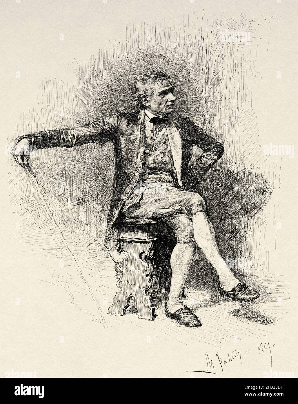 Studioportrait von Mariano Fortuny y Marsal (1838-1874) der spanische Maler galt als einer der großen spanischen Maler des 19. Jahrhunderts. Alte, gravierte Illustration aus dem 19. Jahrhundert von La Ilustración Artística 1882 Stockfoto