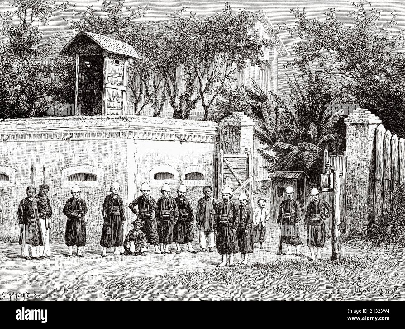 Soldatenposten am Eingang der französischen Konzession, Hanoi, Vietnam. Asien. Alte Illustration aus dem 19. Jahrhundert Eine Kampagne in Tonkin von Charles Edouard Hocquard aus Le Tour du Monde 1889 Stockfoto