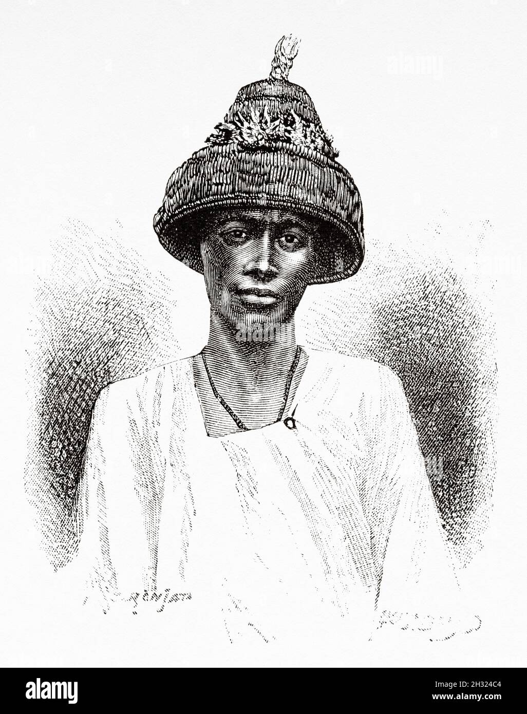 Ein Simbeli-Chef. Guinea-Bissau Afrika. Alte gravierte Illustration aus dem 19. Jahrhundert, Reise durch Senegambia und Portugiesisch-Guinea von Kapitän Henri Brossard-Faidherbe (1855-1893) aus Le Tour du Monde 1889 Stockfoto