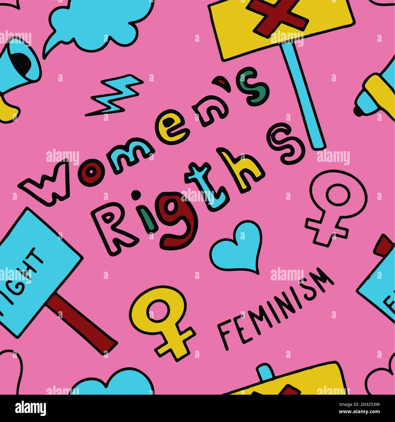 Nahtlose Muster Doodle Anzeichen von Feminismus, Frauenrechte. Grunge handgezeichnete Vektor-Ikonen des Feminismus Protestsymbole Eine Kundgebung, um für die Abstimmung zu kämpfen Stock Vektor