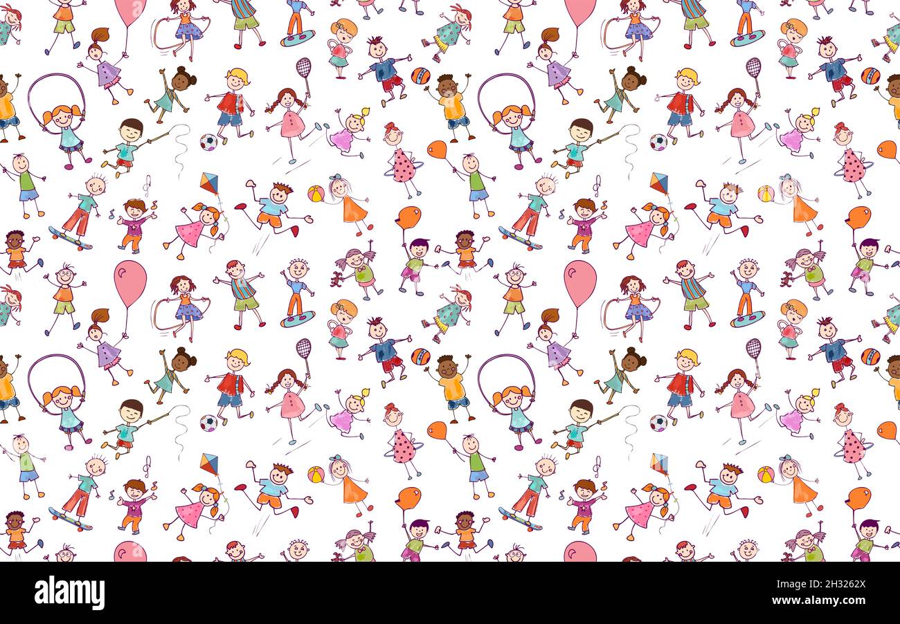 Nahtlose Muster aktiv und fröhlich multikulturell niedlich lustige Kinder in Doodle-Stil spielen und springen gezeichnet. Hand zeichnen Skizze multiethnischen Kinder. Kindergarten Stockfoto