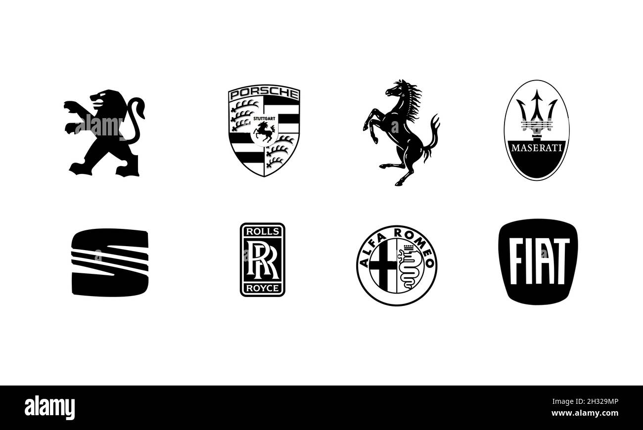Logos von Automarken. VW, BMW, Audi, Mercedes, Lexus, Renault, Seat, Fiat, Renault, Opel, Ferrari, Jaguar, Kia, Ford, Toyota, Honda Stock Vektor