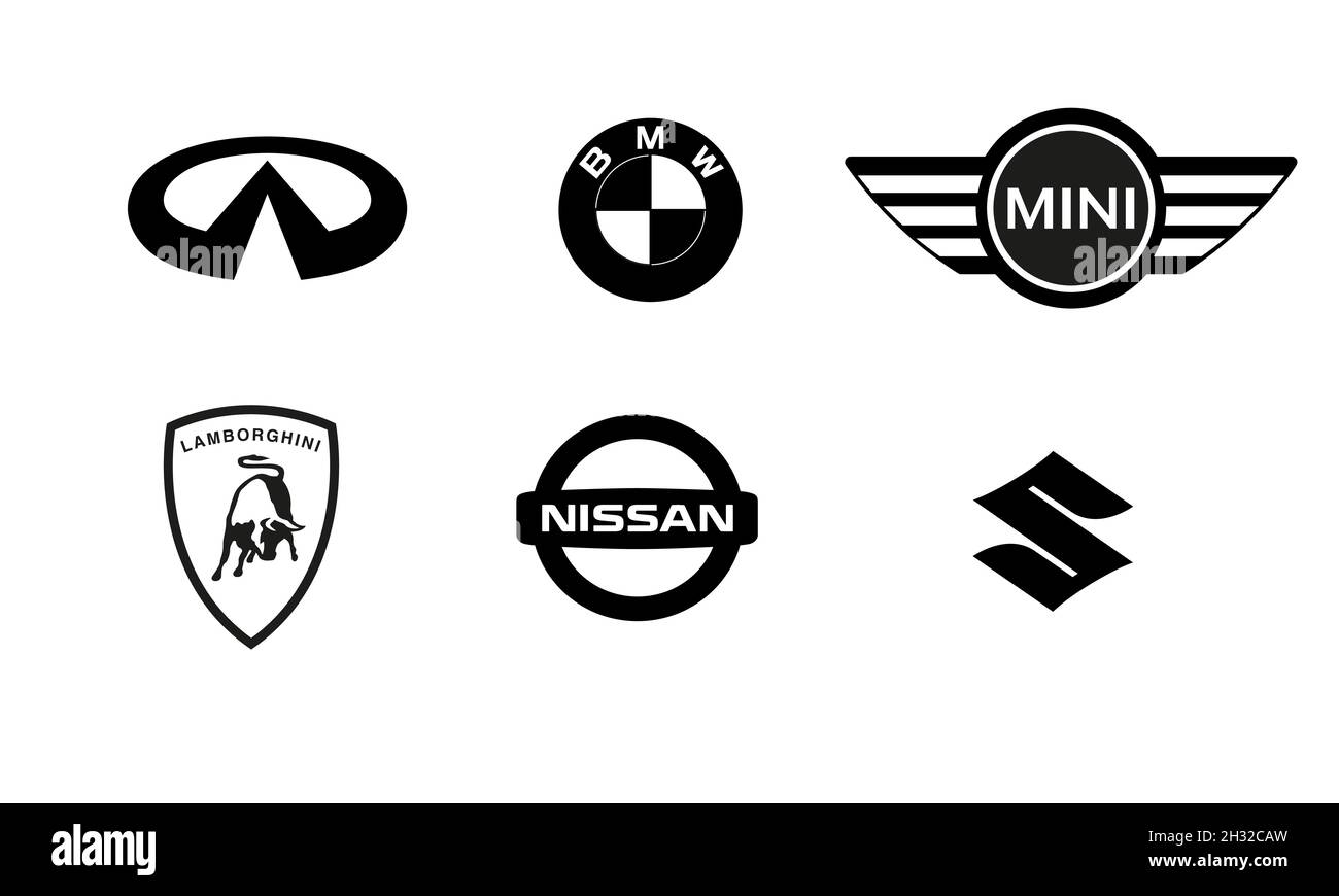 Logos von Automarken. VW, BMW, Audi, Mercedes, Lexus, Renault, Seat, Fiat, Renault, Opel, Ferrari, Jaguar, Kia, Ford, Toyota, Honda Stock Vektor