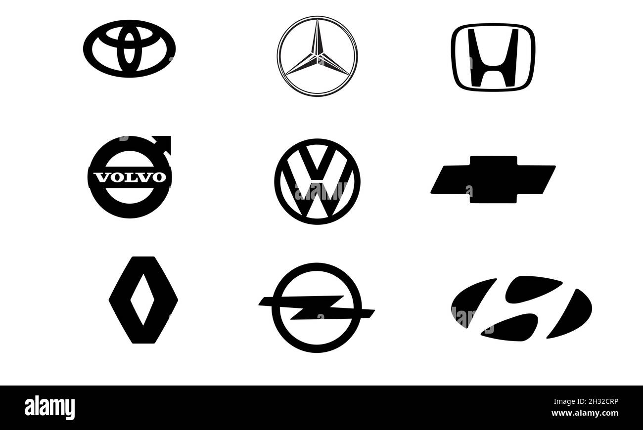 Logos von Automarken. VW, BMW, Audi, Mercedes, Lexus, Renault, Seat, Fiat, Renault, Opel, Ferrari, Jaguar, Kia, Ford, Toyota, Honda Stock Vektor