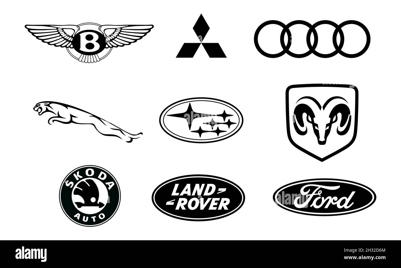 Logos von Automarken. VW, BMW, Audi, Mercedes, Lexus, Renault, Seat, Fiat, Renault, Opel, Ferrari, Jaguar, Kia, Ford, Toyota, Honda Stock Vektor
