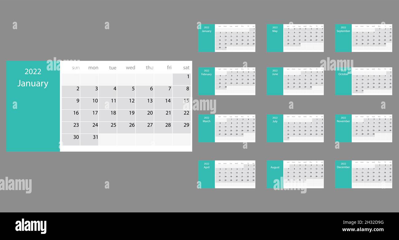 2022 Jahre, Kalender. Vektorgrafik. Die Wochen beginnen am Sonntag. Stock Vektor