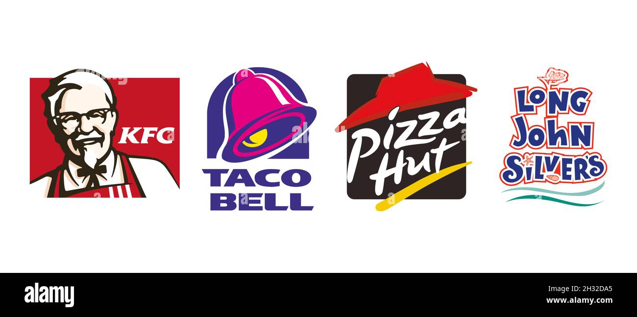 McDonalds, KFC, Burger King. Café-Symbol. McDonalds-Logo. KFC-Symbol. Vektorsymbol „Burger King“. Stock Vektor