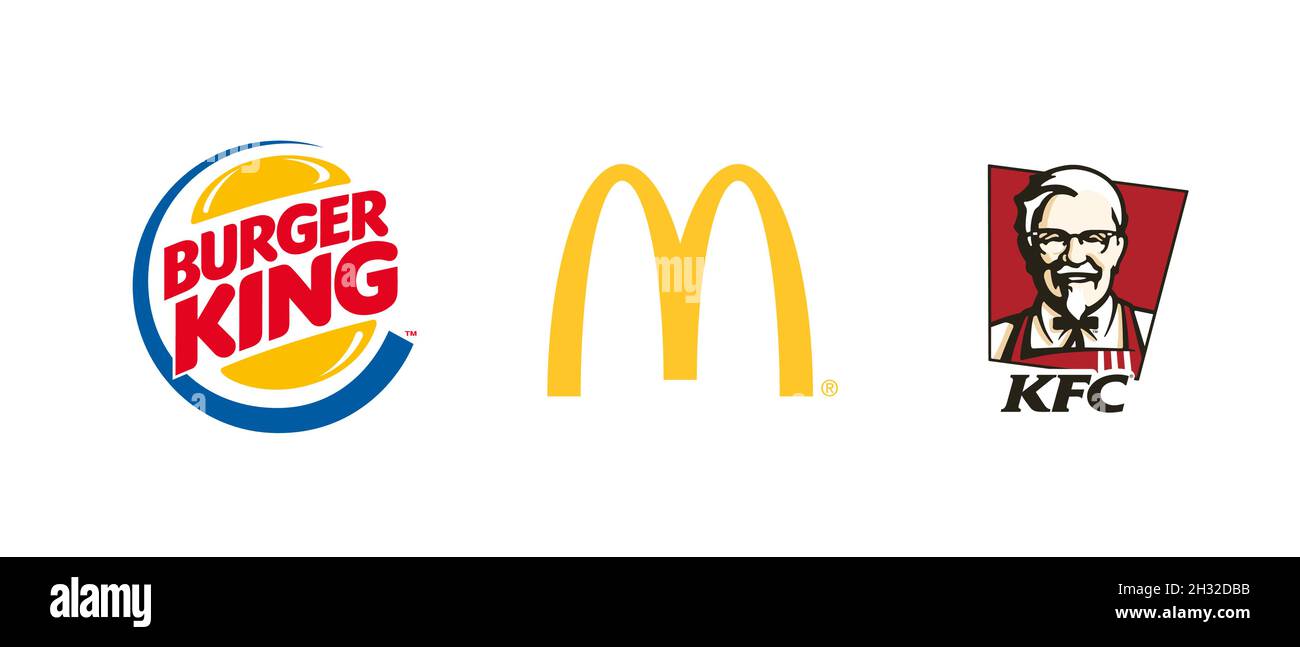 McDonalds, KFC, Burger King. Café-Symbol. McDonalds-Logo. KFC-Symbol. Vektorsymbol „Burger King“. Stock Vektor
