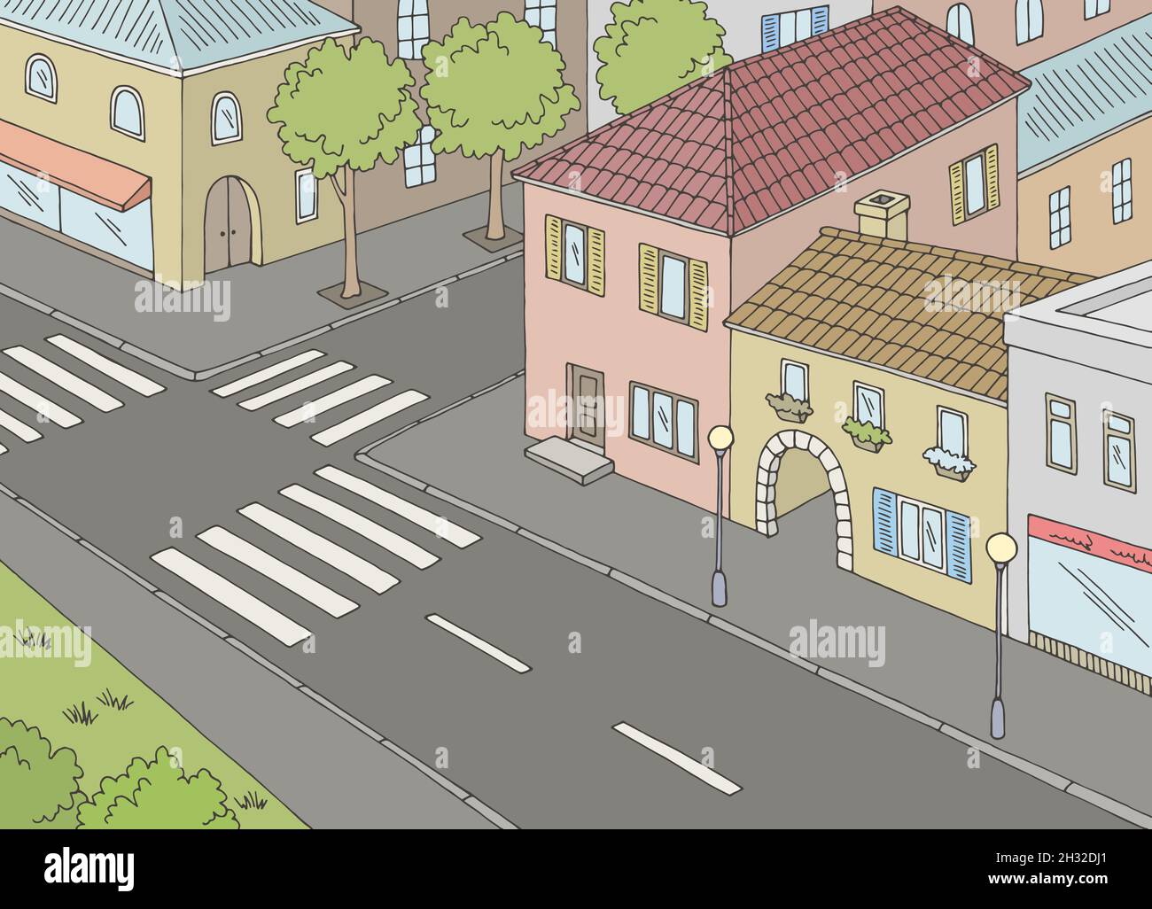 City Street Luftaufnahme von oben Kreuzung Grafik Farbe Skizze Illustration Vektor Stock Vektor