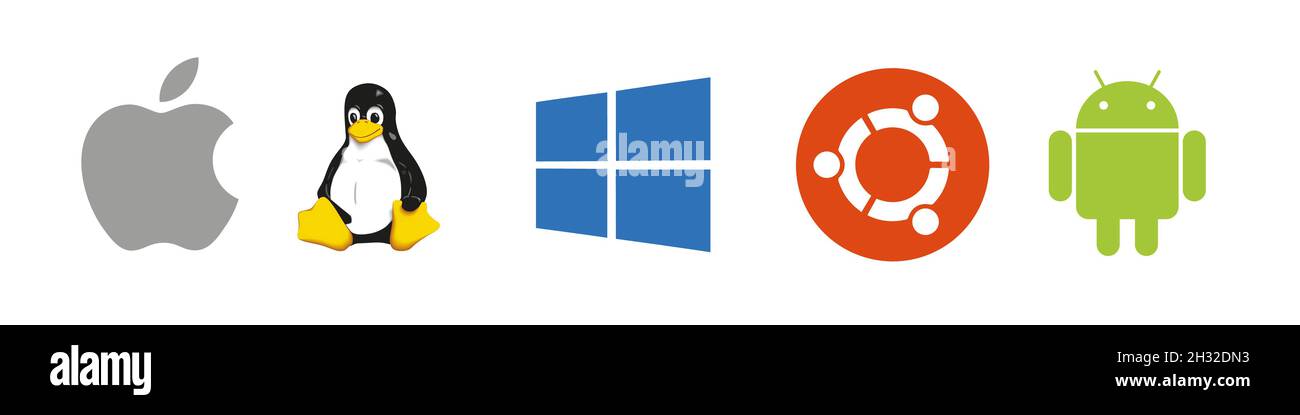 Schwarzes OS-Logo-Set : Windows, Mac OS, Android, Apple IOS, Linux. Modile Desktop-Logos auf transportablem Hintergrund für Ihr Design. Stock Vektor