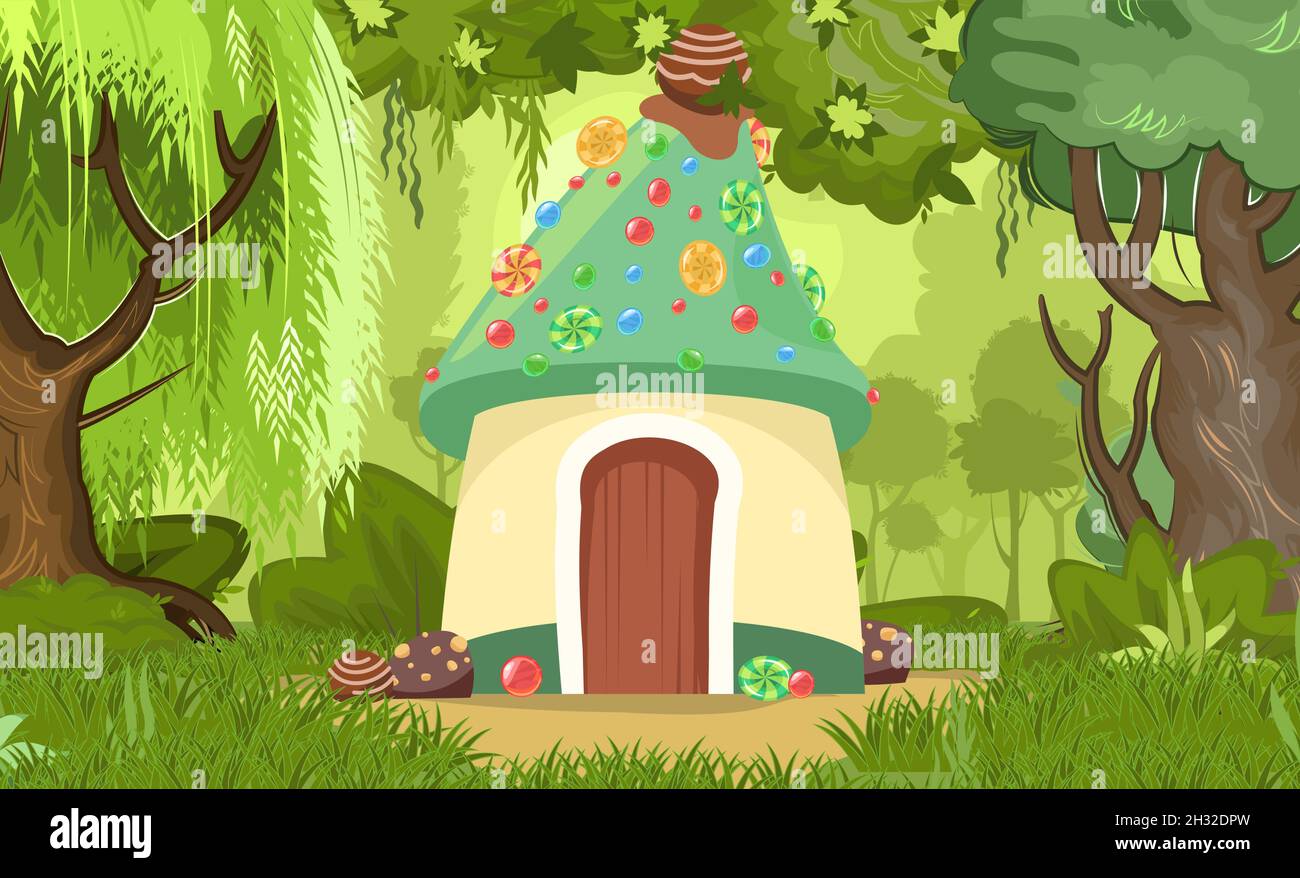 Candy Hütte im Wald mit Weiden und Eichen. Süßes Karamell-Feenhaus. Sommer niedliche Landschaft. Illustration im Cartoon-Stil flache Design. Bild für Stock Vektor