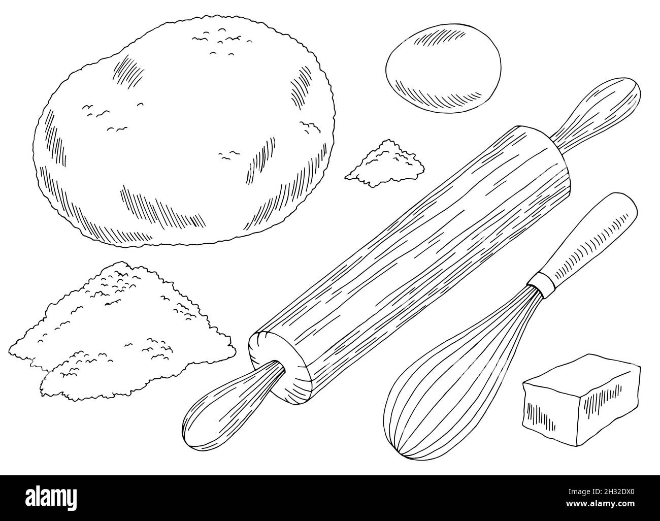Teig Mehl Nudelholz Grafik schwarz weiß isoliert Skizze Illustration ...