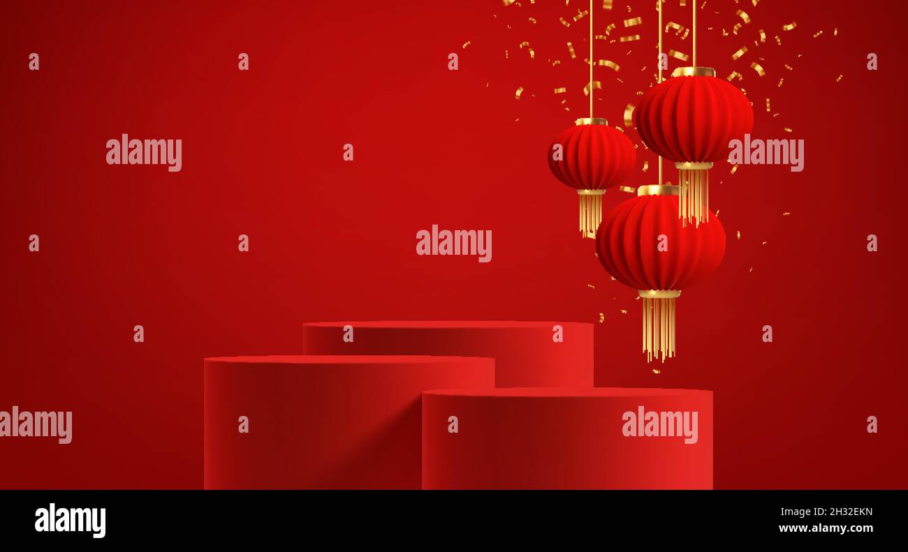Chinesischer Neujahrshintergrund mit realistischem 3D rotem Produktpodium und roten chinesischen Papierlaternen. Vektorgrafik Stock Vektor