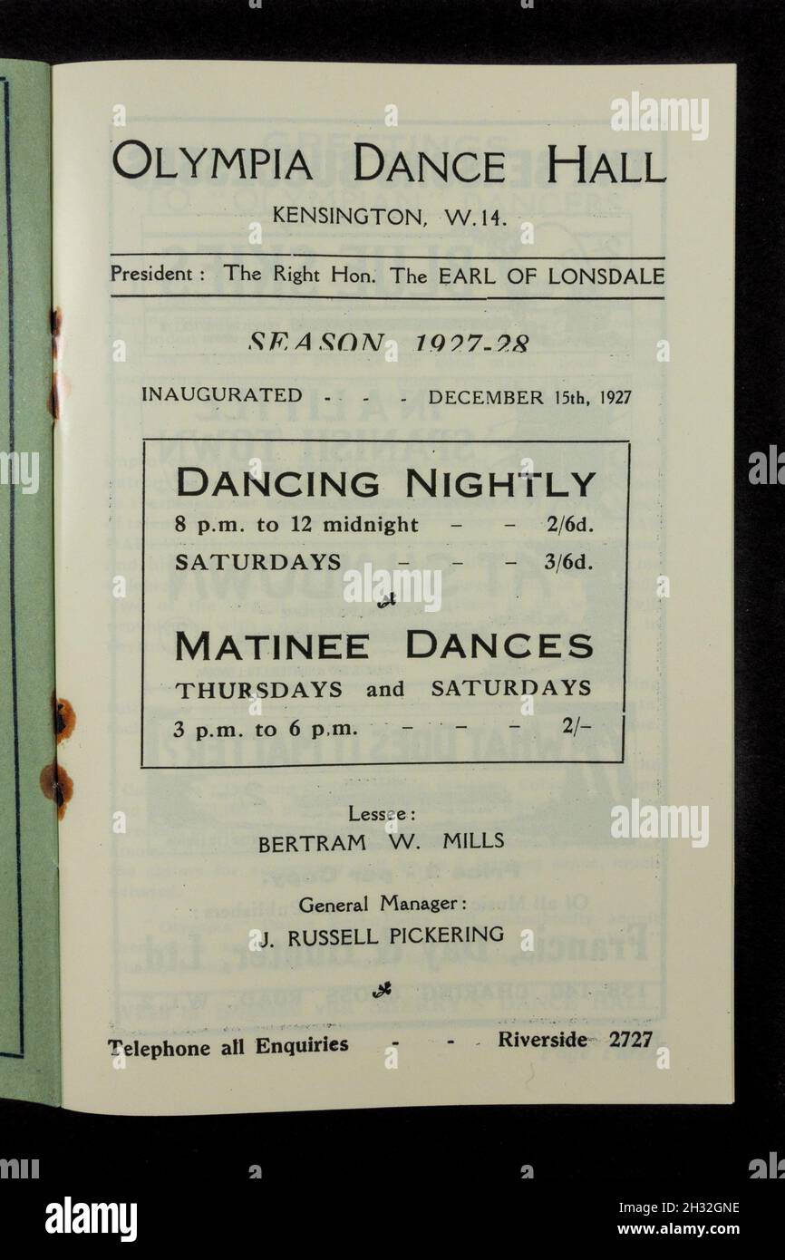 Tägliche Tanzzeit im Tagesprogramm 1920s für die Olympia Dance Hall, Saison 1927-28 (Nachbildung). Stockfoto