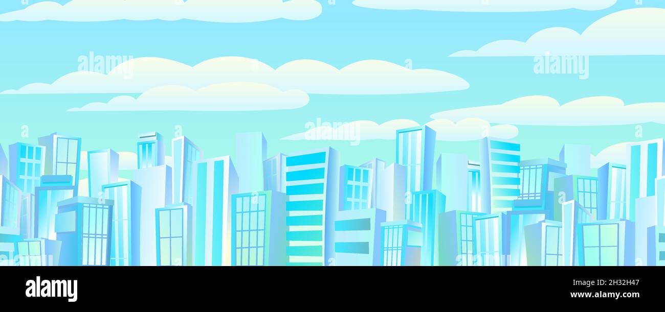 Große Stadt aus der Ferne. Wolkenkratzer und große Gebäude. Cartoon flache Stil Illustration. Blaue Stadtlandschaft Stadtbild. Horizontale Zusammensetzung. Vektor. Stock Vektor