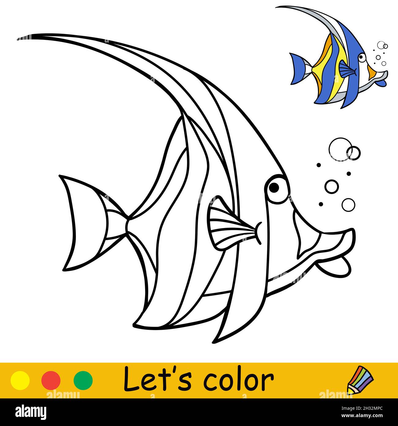 Tropischer Goldfisch. Malbuch für Kinder im Vorschulalter mit einfacher pädagogischer Spielstufe. Freihand-Skizzenzeichnung. Vektorgrafik. Zum Ausdrucken, ga Stock Vektor