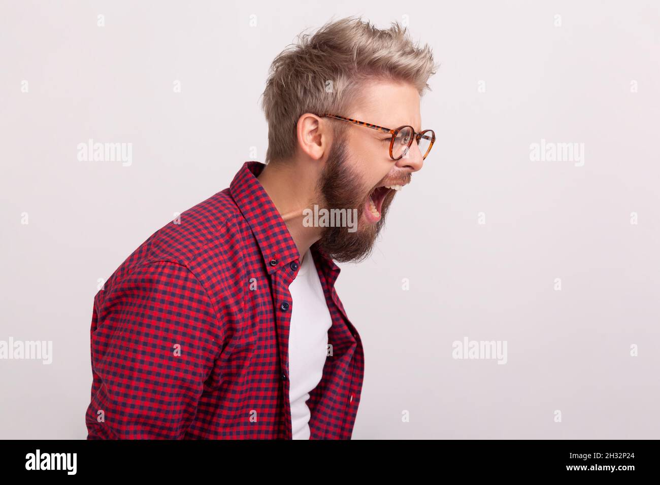 Profil eines wütenden bärtigen Mannes in einer Brille und einem karierten roten Hemd, das schreit und Wut und Irritation ausdrückt. Innenaufnahme des Studios isoliert auf grauem Hintergrund Stockfoto
