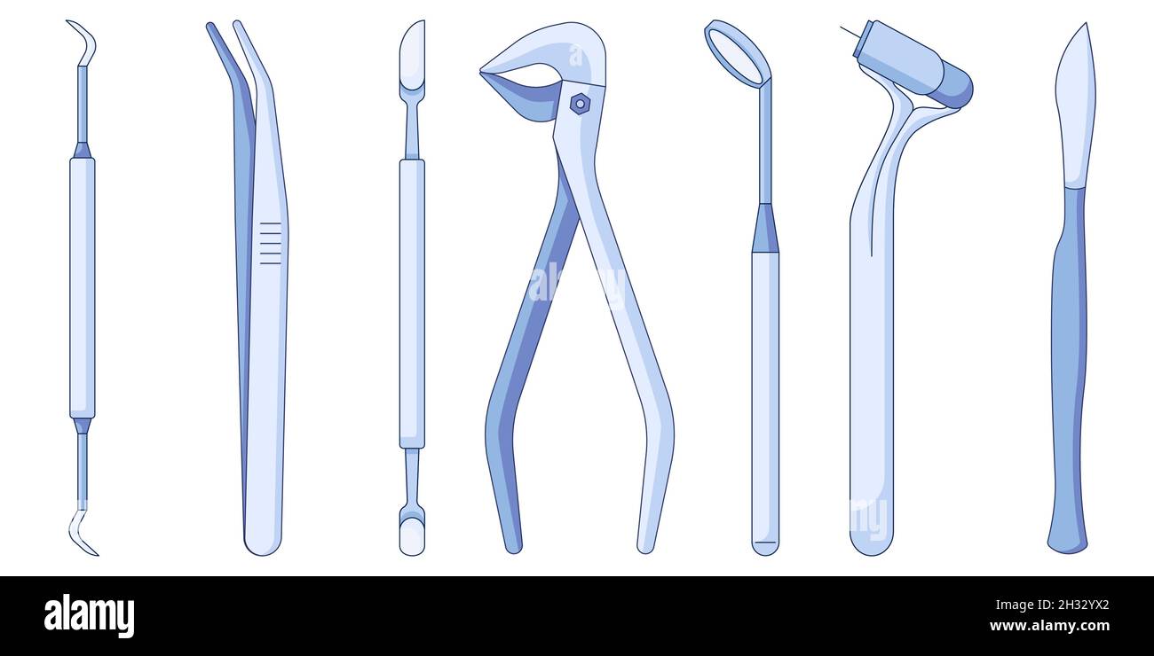 Symbole für Dentalwerkzeuge und -Instrumente. Stomatology liefert Vektorsymbole in flacher Form, isoliert auf weißem Hintergrund. Stock Vektor