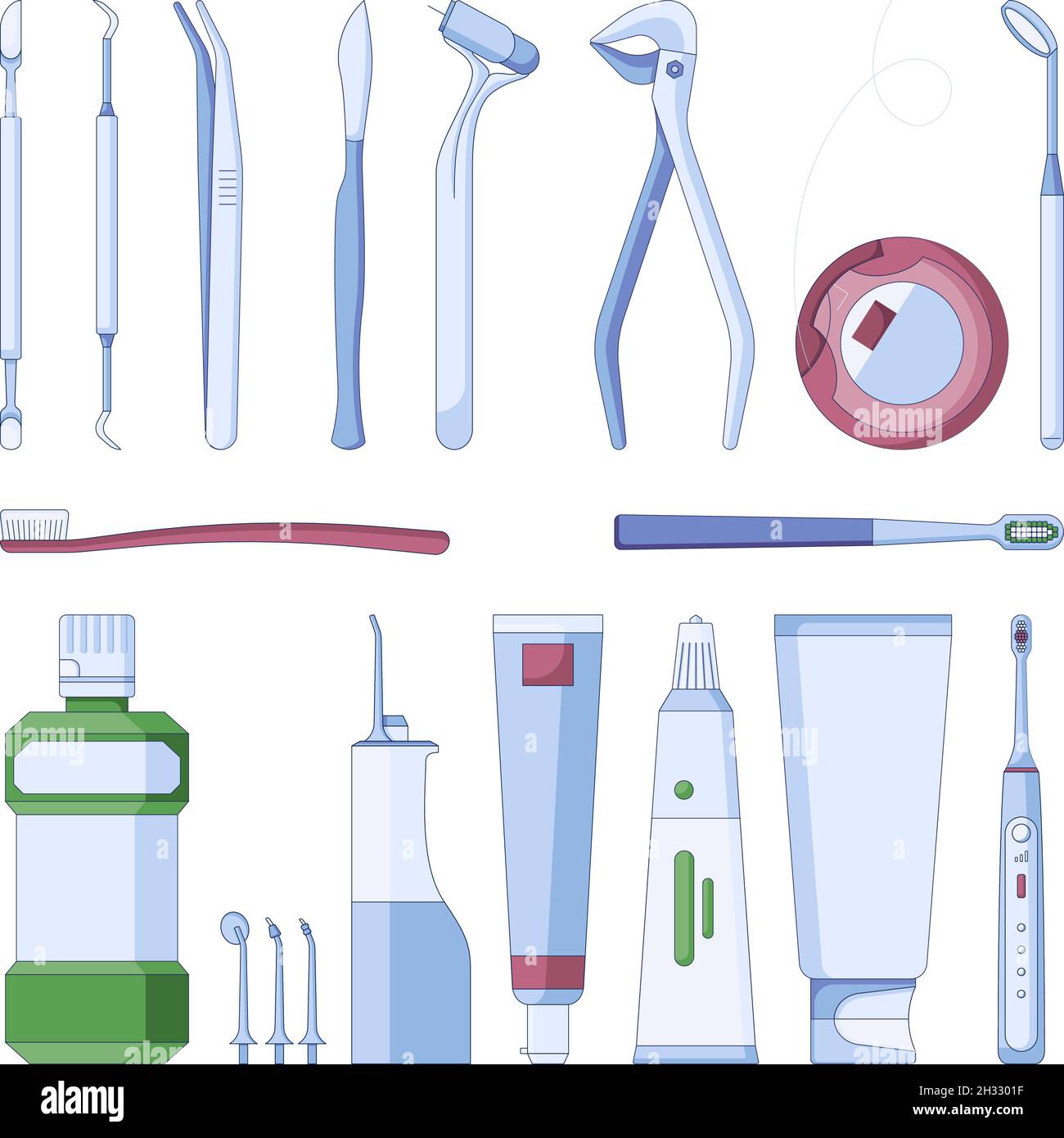 Symbole für Dentalwerkzeuge und -Instrumente. Stomatology liefert Vektorsymbole in flacher Form, isoliert auf weißem Hintergrund. Stock Vektor