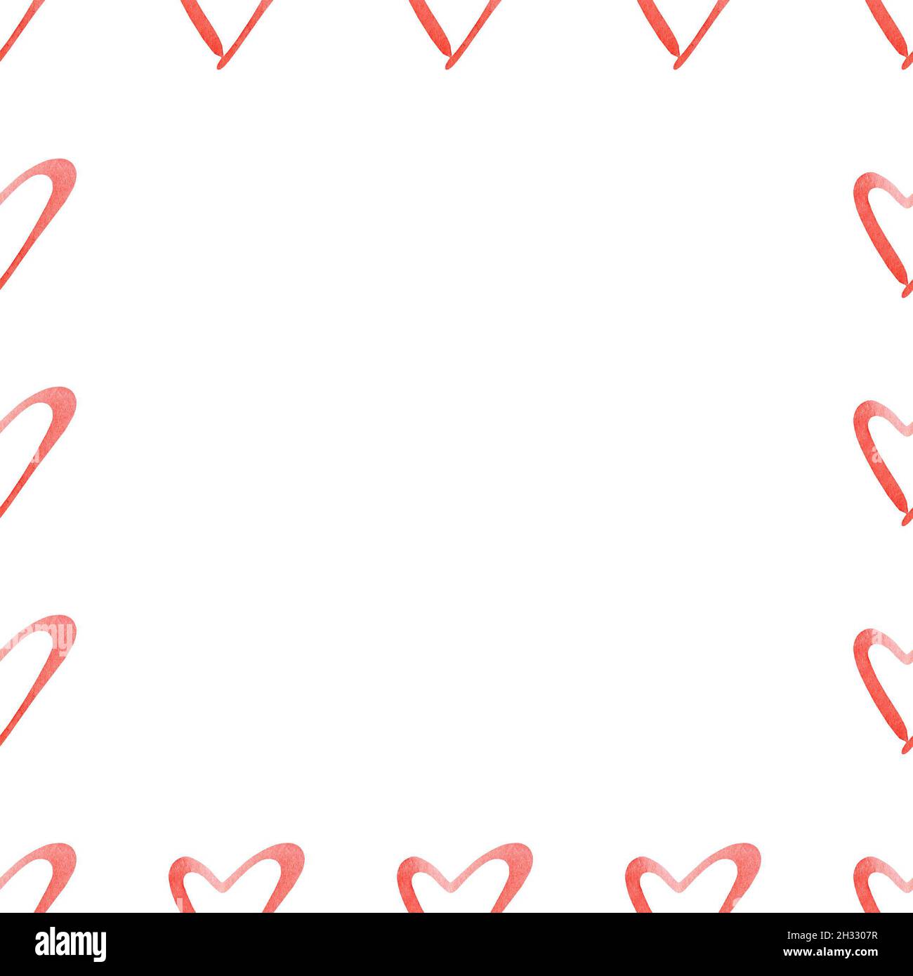 Quadratischer Rahmen aus handbemalten roten Aquarellherzen. Süß und romantisch, perfekt zum Valentinstag Gruß. Stockfoto