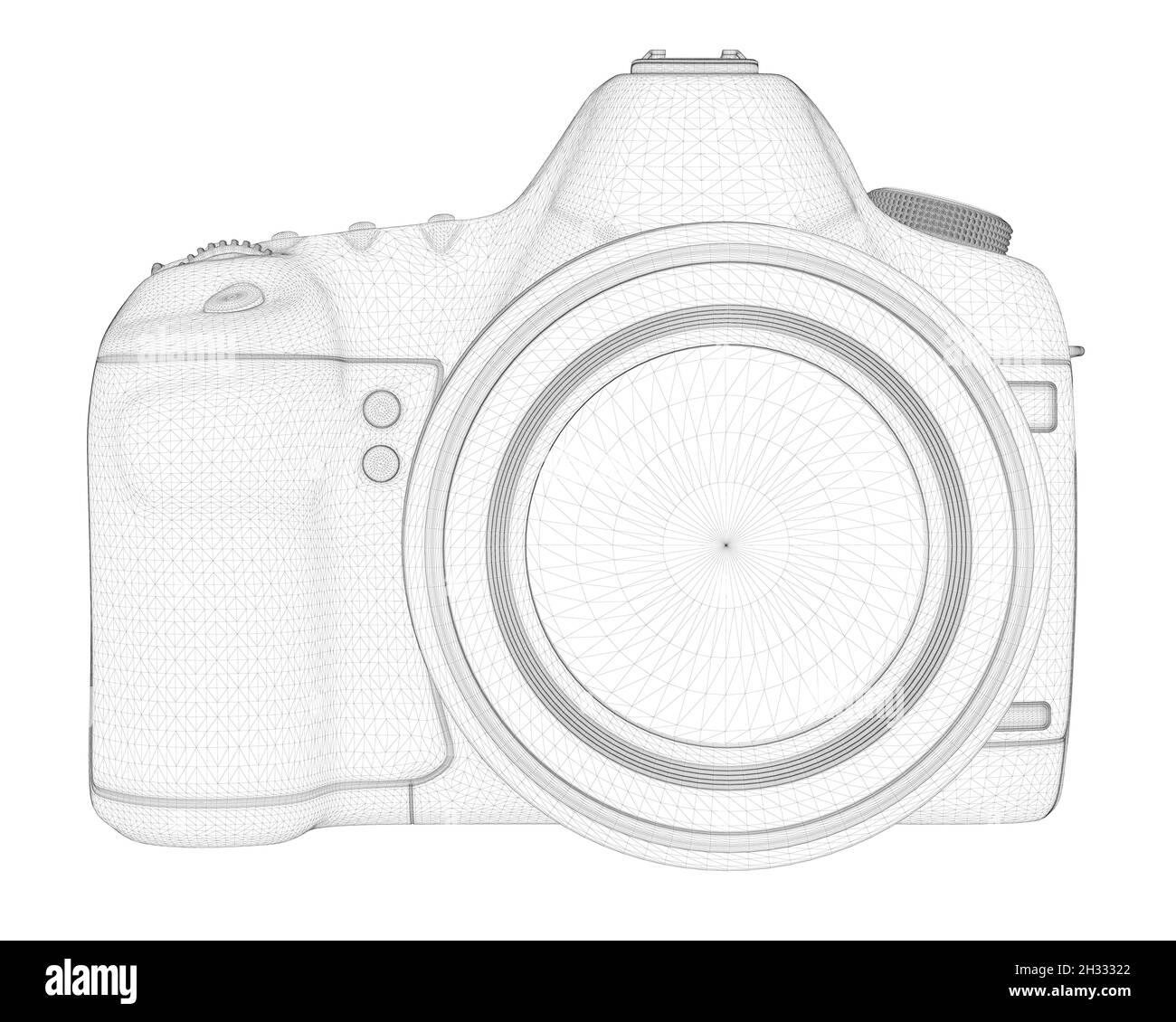 Digitalkamera-Drahtmodell mit Objektiv mit schwarzen Linien, isoliert auf weißem Hintergrund. Vorderansicht. 3D. Vektorgrafik Stock Vektor