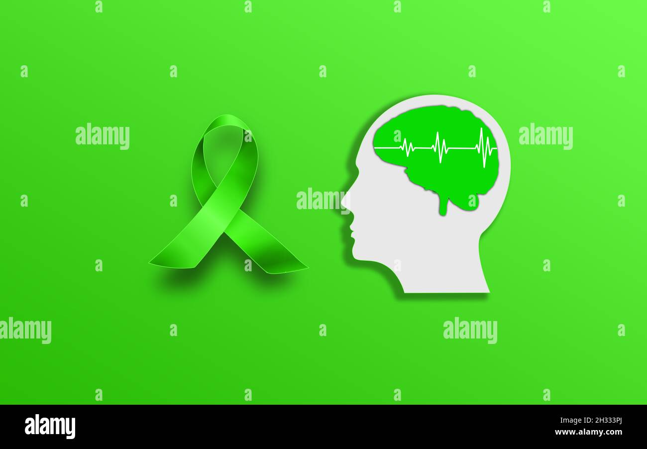 Konzept der psychischen Gesundheit. Mann Kopf mit grünem Gehirn Zeichen und Bewusstsein Ribbon Symbol auf grünem Hintergrund, psychische Gesundheit und menschliches Gehirn Stockfoto