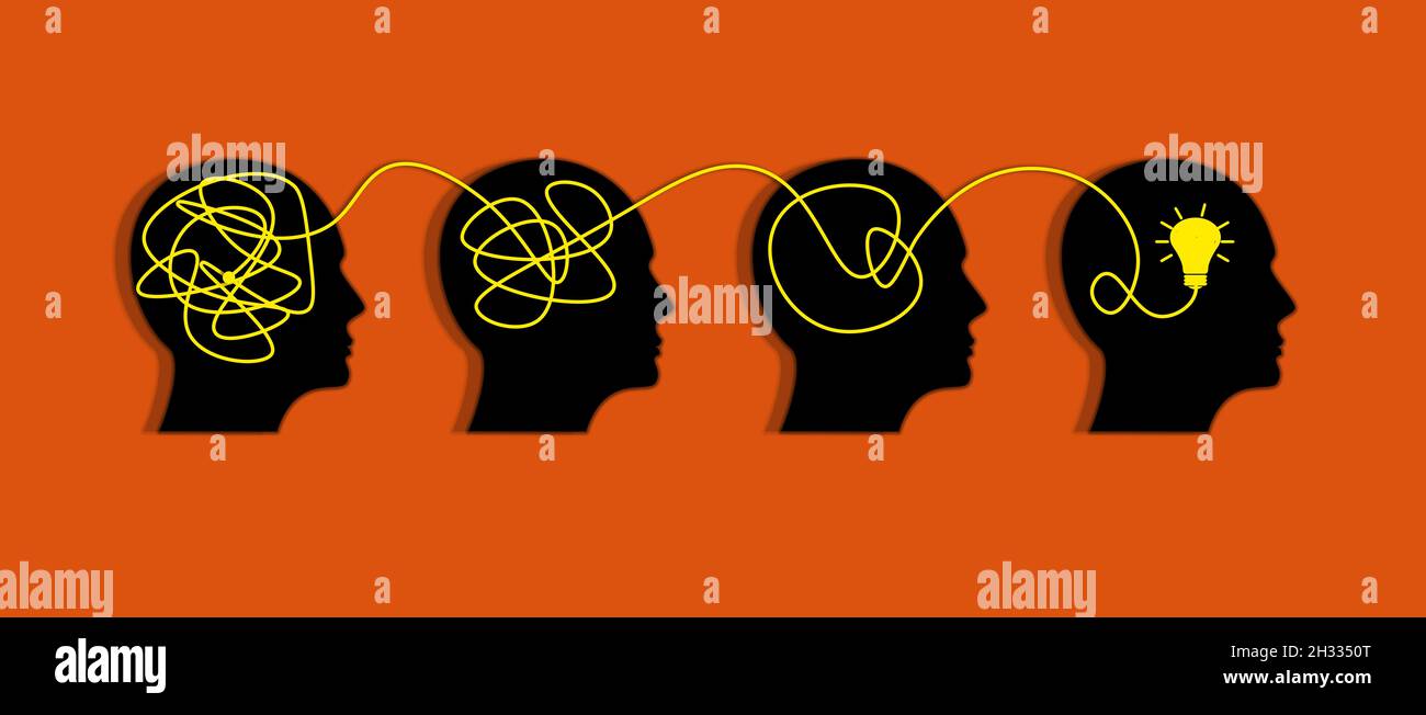 Konzept für Brainstorming und mentale Problemlösung. Gehirn mit unordentlicher Linie im Kopf des Mannes. Entwicklung der Idee im menschlichen Gehirn. Vereinfachung von Ideen und komplex Stockfoto