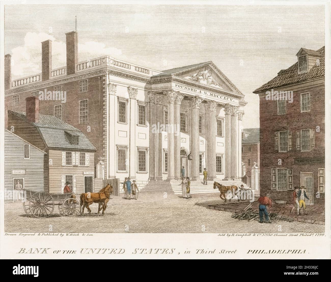 Bank der Vereinigten Staaten in der Third Street, Philadelphia am Ende des 18. Jahrhunderts. Nach einem Werk von W. Birch und Son vom 1799 Stockfoto