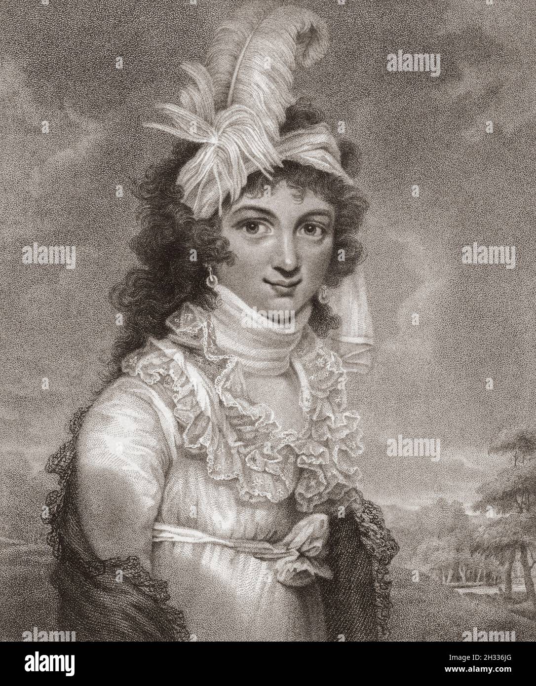 Caroline von Braunschweig, voller Name Caroline Amelia Elizabeth, 1768 – 1821. Königin des Vereinigten Königreichs und Hannover als Ehefrau von König Georg IV. Von 1795 bis 1820 war sie Prinzessin von Wales. Nach einem Stich von Willem van Senus aus dem 18. Jahrhundert nach einem Werk von John Raphael Smith. Stockfoto