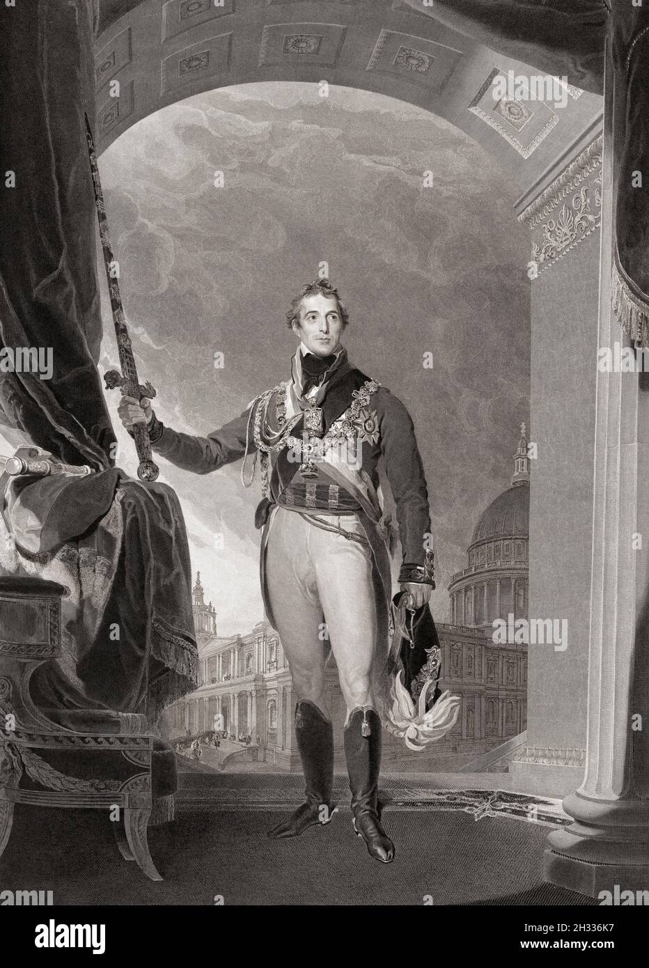 Der Herzog von Wellington hält das große Schwert des Staates. Nach einem Gemälde von Thomas Lawrence. Arthur Wellesley, 1. Duke of Wellington, 1769 - 1852. Stockfoto