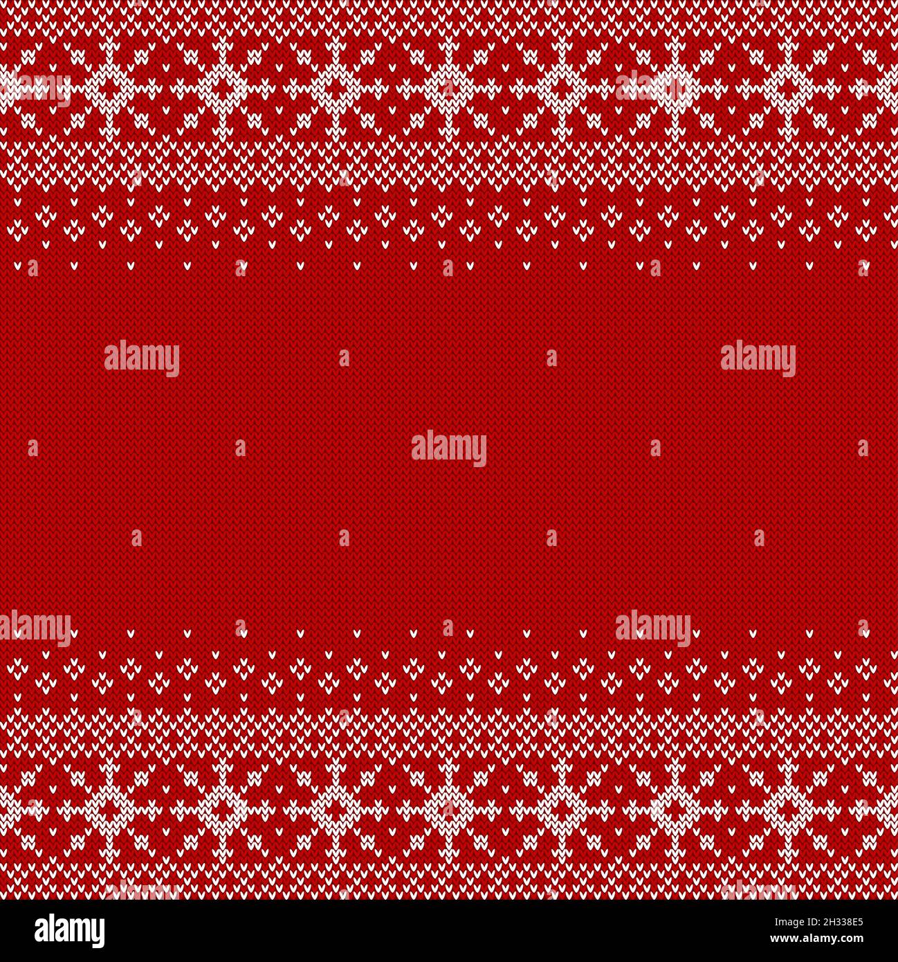 Gestrickter Hintergrund mit Schneeflocken und Copyspace. Rot-weißes Muster für Weihnachten, Neujahr oder Winter-Design. Pullover Bordüre Ornamente Stock Vektor