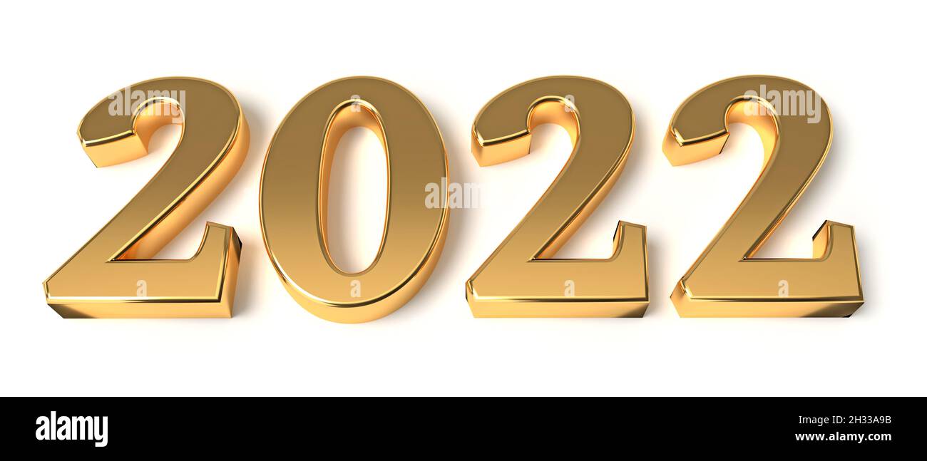 Das neue Jahr-Konzept in goldenen Farben. Nummer 2022 isoliert auf weiß. 3d-Rendering Stockfoto