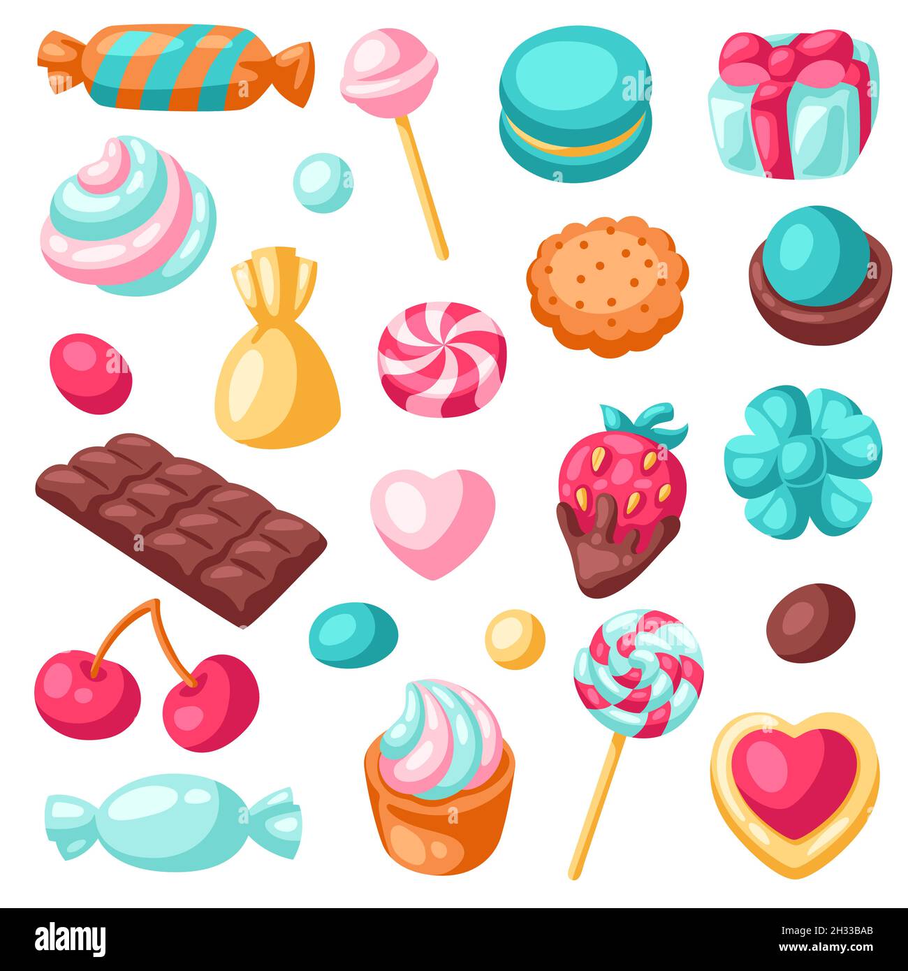 Set von verschiedenen Süßigkeiten und Süßigkeiten. Stilisierte Illustration für Süßwaren oder Backwaren. Stock Vektor