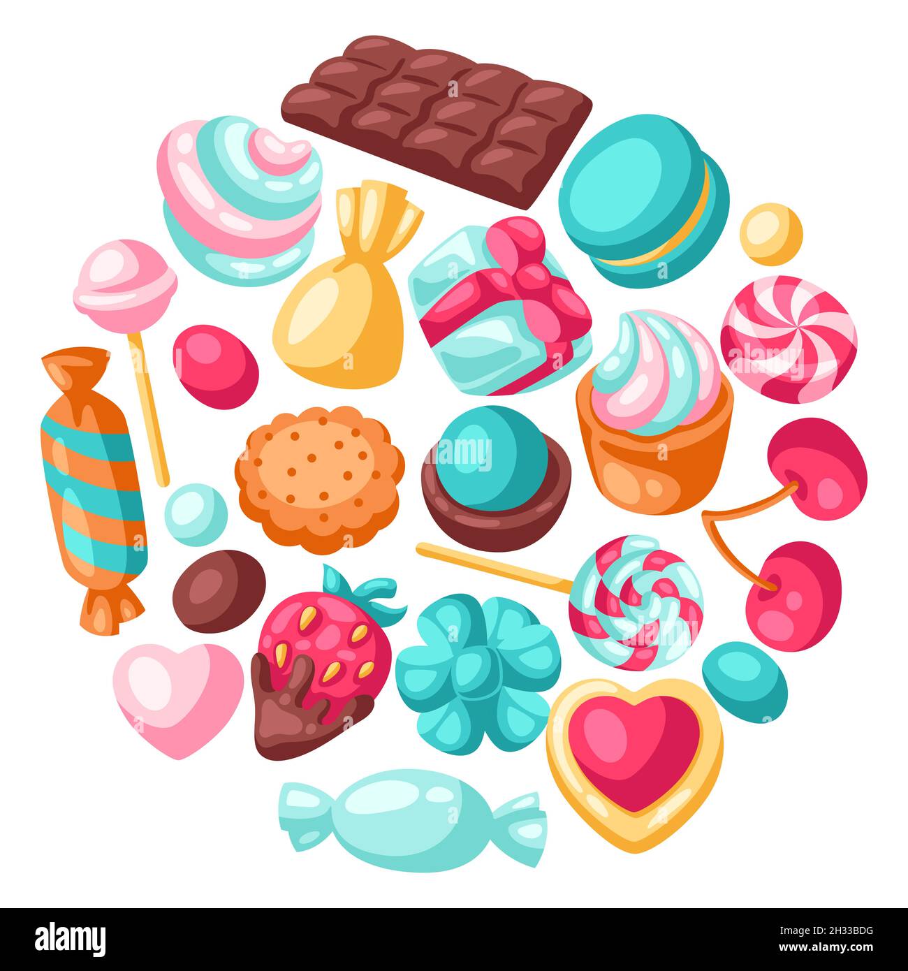 Hintergrund mit verschiedenen Süßigkeiten und Süßigkeiten. Stilisierte Illustration für Süßwaren oder Backwaren. Stock Vektor