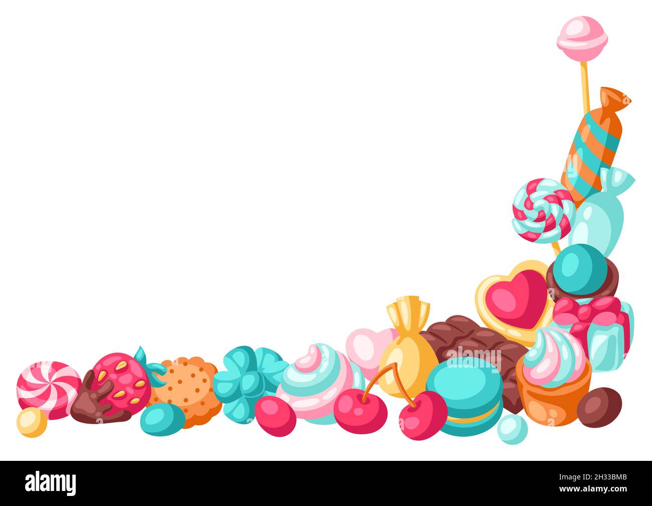 Rahmen mit verschiedenen Süßigkeiten und Süßigkeiten. Stilisierte Illustration für Süßwaren oder Backwaren. Stock Vektor