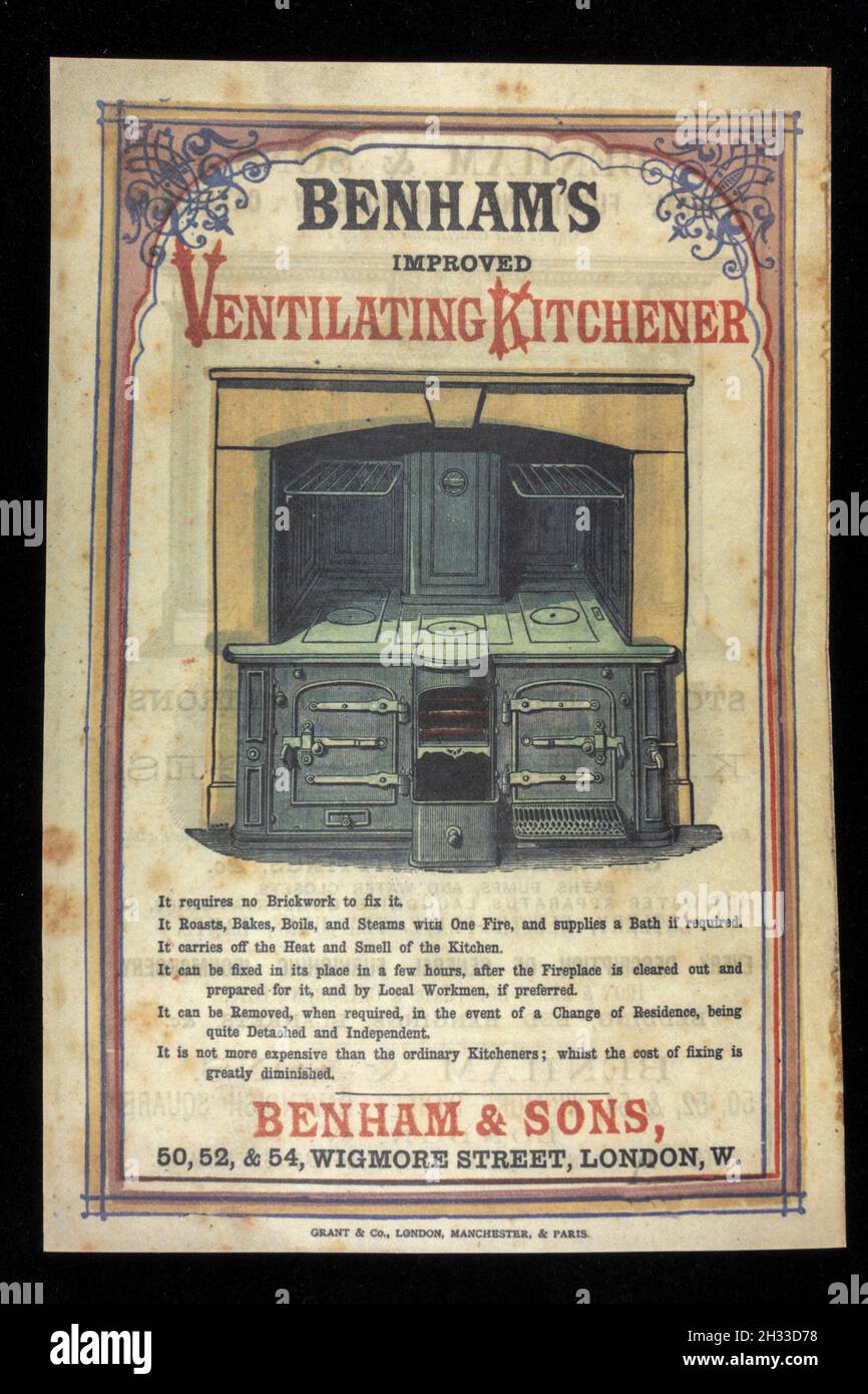 Viktorianische Werbebroschüre (Nachbildung) für Benham & Sons, die „Ventilating Kitchener“ propagiert. Stockfoto