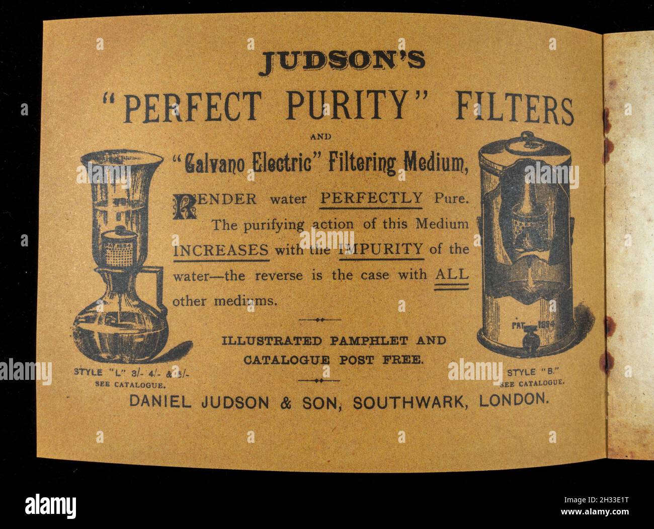 Werbebroschüre aus der viktorianischen Zeit (Nachbildung) für Judson's Haushaltsfilter für „Perfect Purity“. Stockfoto