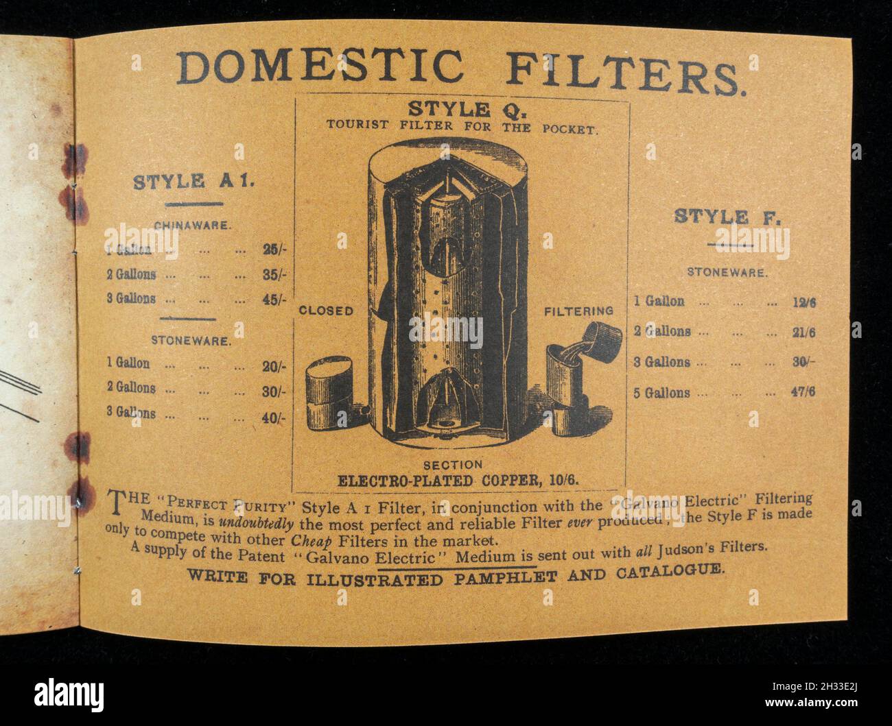 Werbebroschüre aus der viktorianischen Zeit (Nachbildung) für Judson's Haushaltsfilter für „Perfect Purity“. Stockfoto