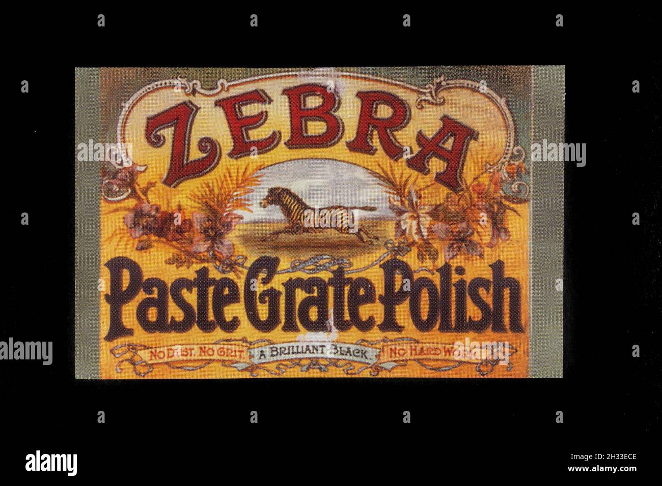 Viktorianische Farbwerbung (Replik) für Zebra Paste Rost Polish („kein Staub, kein Körnchen, keine harte Arbeit“). Stockfoto