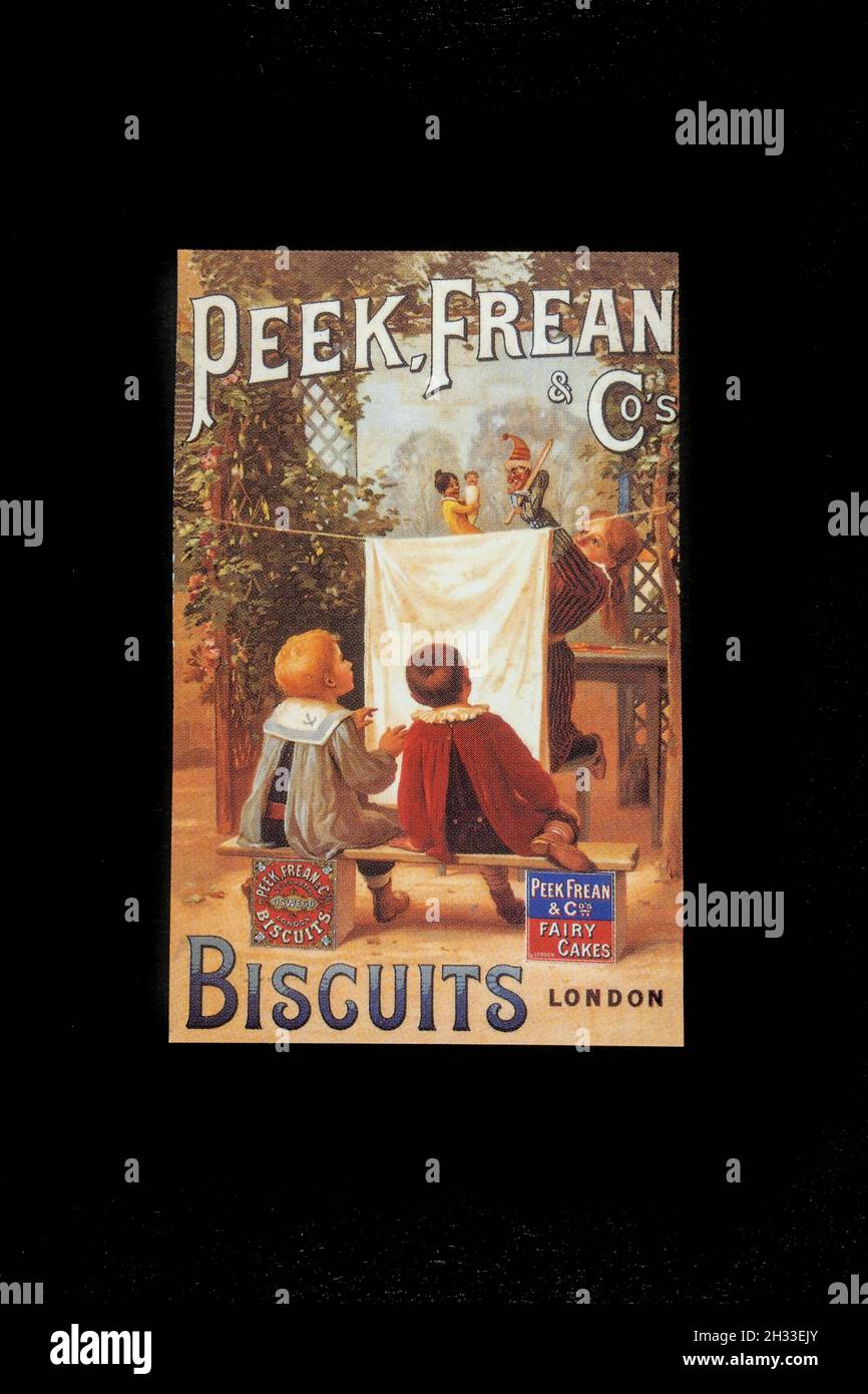 Viktorianische Farbwerbung (Nachbildung) für Peek, Frean & Co Biscuits und Fairy Cakes. Stockfoto