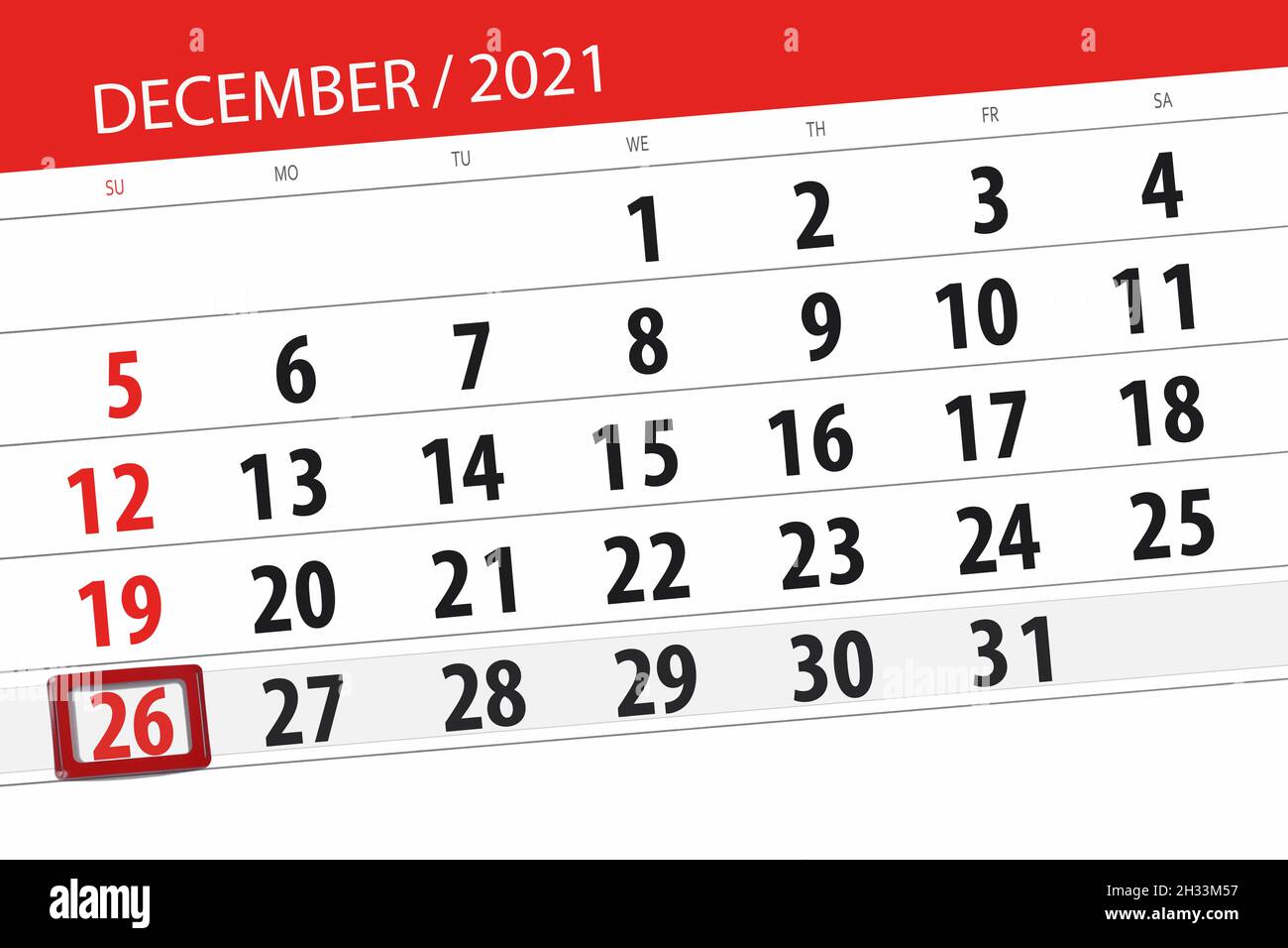 Kalenderplaner für den Monat dezember 2021, Stichtag, 26, sonntag. Stockfoto