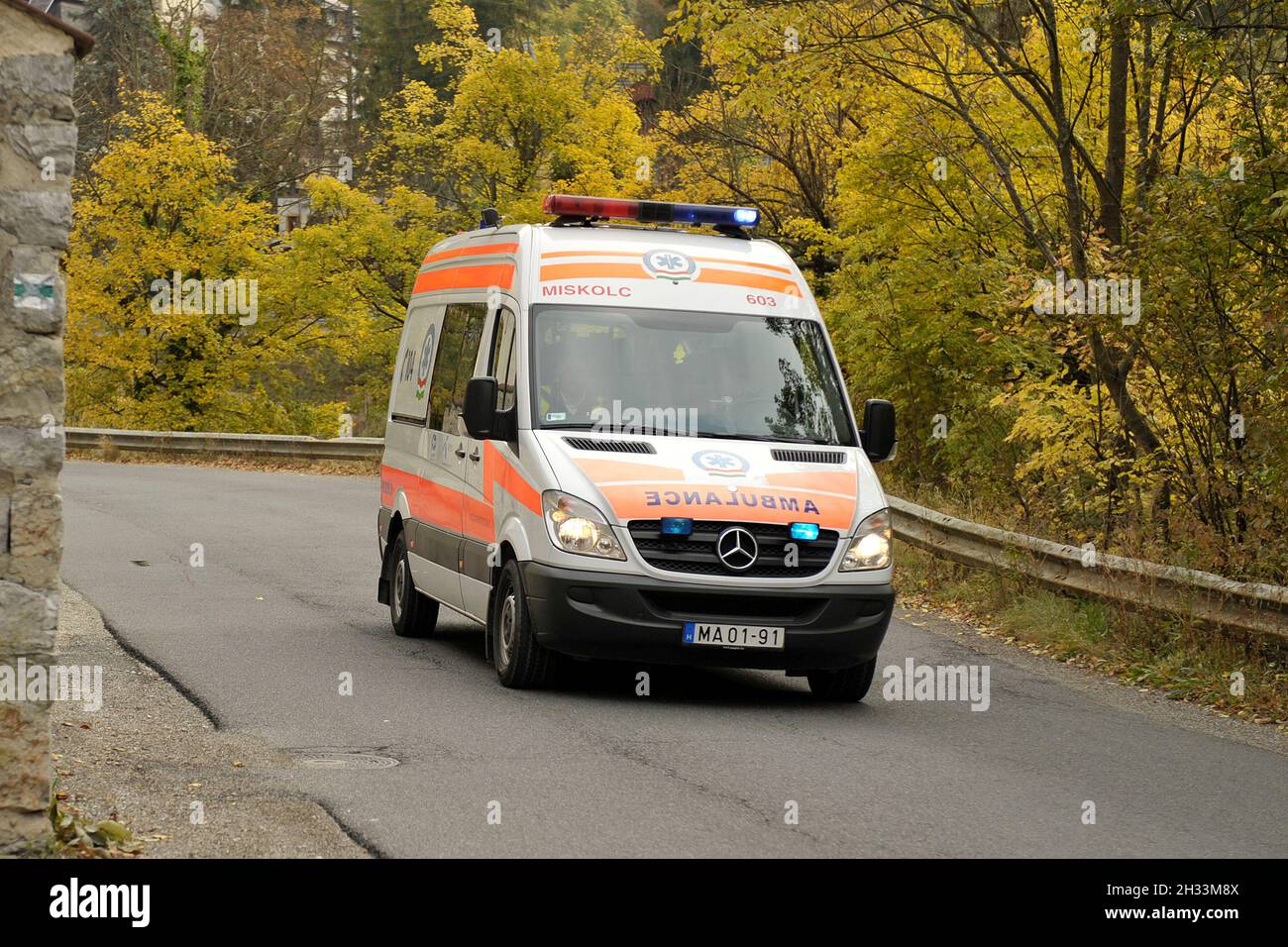 Notarztwagen auf dem Weg zum Verkehrsunfall Stockfoto