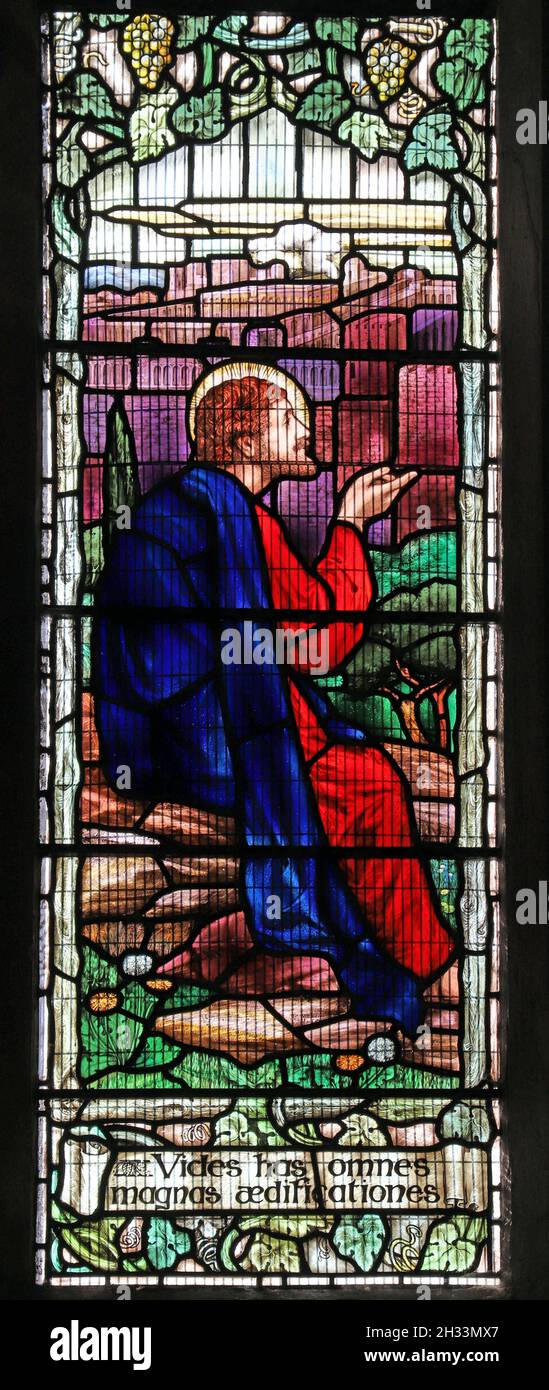 Glasfenster von Mary Lowndes; Jesus, der drei Jüngern die Zerstörung Jerusalems vorhersagte; St. Andrew's Church, Ufford, Northamptonshire Stockfoto